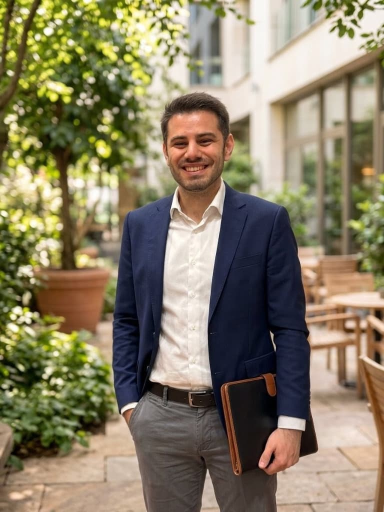 Marcel Juen, founder of Raincoat Systems, in a navy blazer holding a portfolio in a courtyard